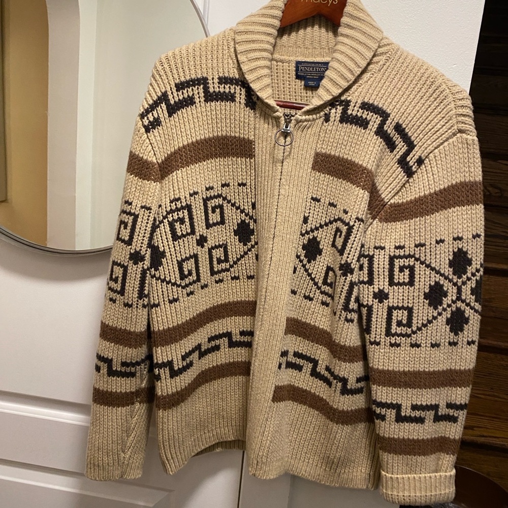 The Big Lebowski Pendleton Beige and Dark Brown Patterned Zip-Up Sweater
